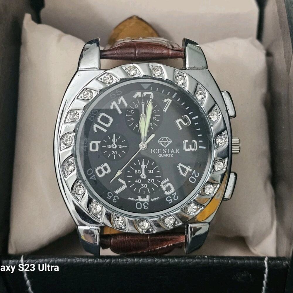 52.2mm Men's LARGE face Chronograph Quartz watch Brown Leatherette band